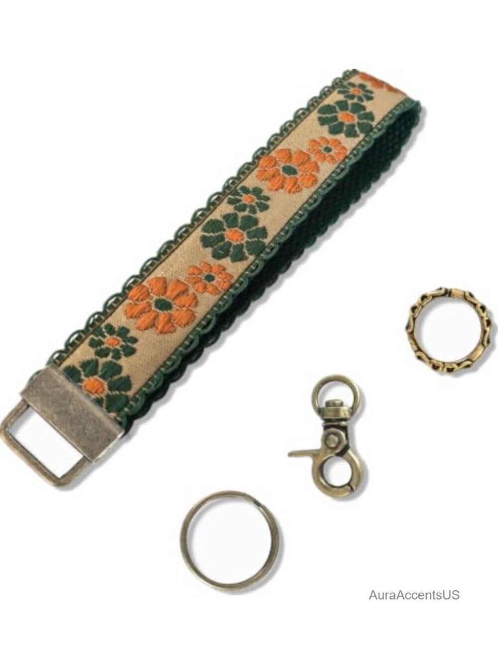 Embroidered Floral Wristlet Keychain for Women - Antique Brass Clasp